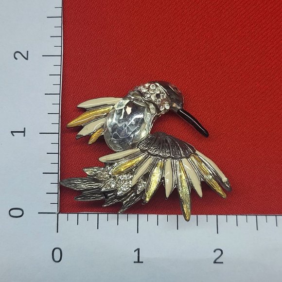 Vintage Hummingbird Crystal Chest Brooch Pin Gold Silver Tone - Picture 11 of 11